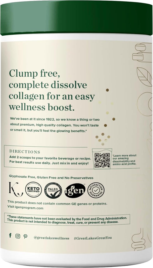 Great Lakes Wellness Collagen Peptides Powder - Unflavored, 16oz, Quick Dissolve, Non-GMO, Keto, Kosher