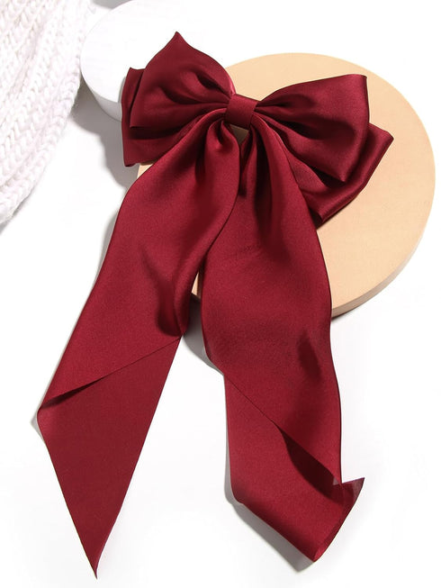 SUSULU Women's Satin Silk Bow Hair Accessories, Metal Clips with Long Tail Ribbon Hairpins (2pcs, Burgundy Black)
