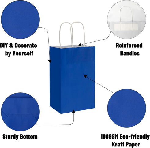 Toovip 50 Pack 5.25x3.25x8.25 Inch Small Royal Blue Kraft Paper Bags with Handles Bulk for Gift Wrap Bags Party