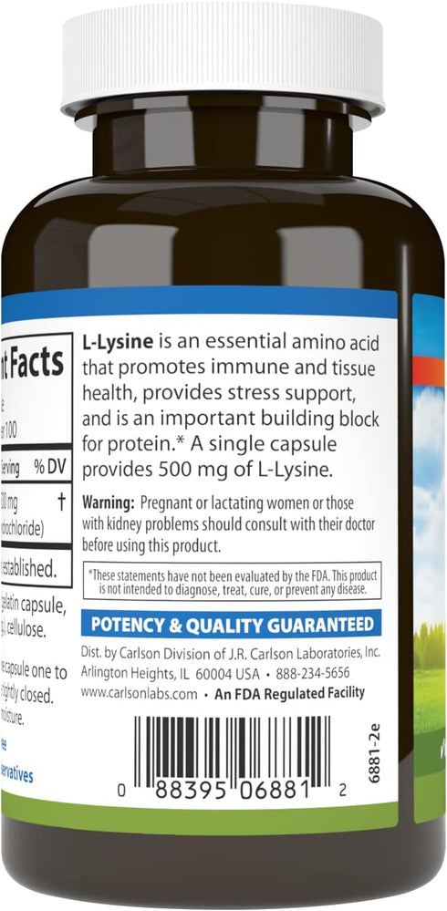 Carlson Labs L-Lysine, 500mg, 100 Capsules