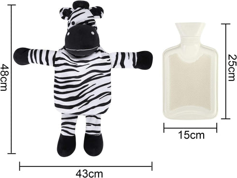 ITODA Mini Hot Water Bottle Warmer with Cute Zebra Stuffed Animal Cover, Waist Neck Shoulder Hot and Cold Water Bag