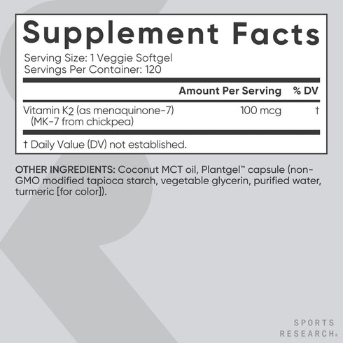 Sports Research Vitamin K2 as MK-7 100mcg with Coconut MCT Oil - 120 Vegan Softgels, Non-GMO, Gluten & Soy Free