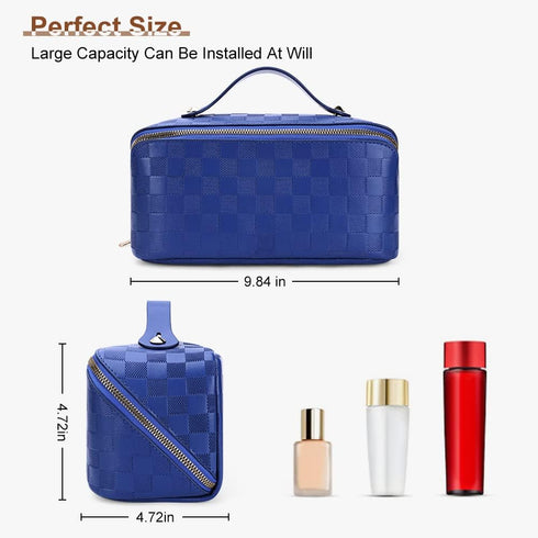 Large Capacity Travel Cosmetic Bag, Waterproof Plaid Checkered Makeup Bag with Handle and Divider for Women
