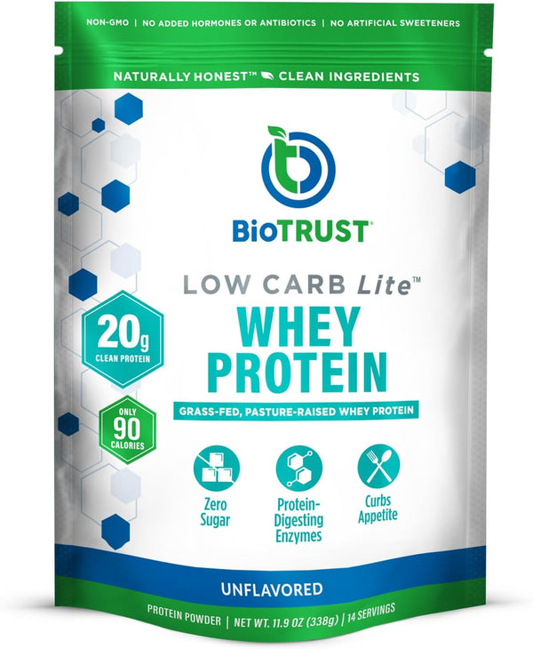 BioTrust Low Carb Lite Protein Powder - 20g Grass-Fed Whey Protein Isolate - Low Carb, Sugar Free, Unflavored, 14