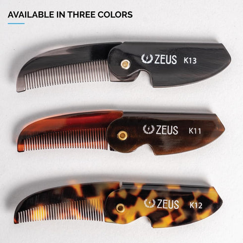 ZEUS Folding Mustache Comb - Handmade Saw-Cut Best Moustache Pocket Comb (Tortoiseshell) - K12