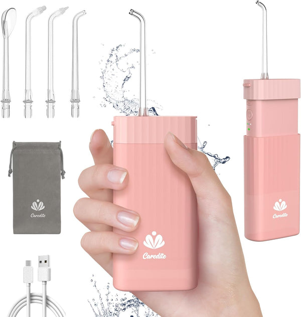 Caredite Cordless Water Flosser, Portable Mini Oral Irrigator with 4 Tips, 3 Modes, IPX7 Waterproof for Travel, Pink