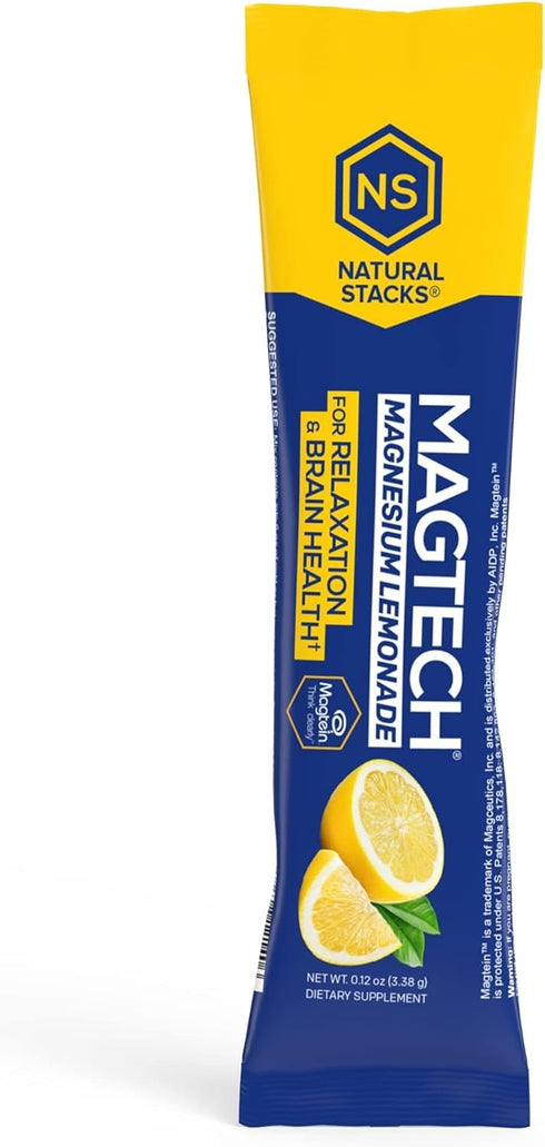 MagTech Magnesium Lemonade Drink Mix - Chelated Magnesium Complex, 20 Stick Packs