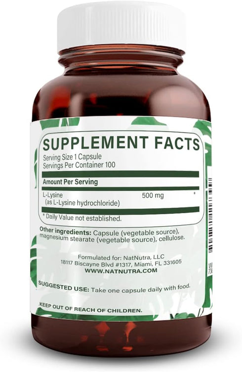 Natural Nutra L Lysine HCl, 500 mg, 100 Capsules - Promotes Bone Health, Skin Health & Collagen