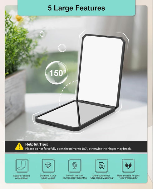 wobsion Small Compact Mirror,1x/2x Travel Magnifying Mirror,2-Sided Handheld Portable Folding Mirror,Mini Makeup Mirror for Purse,Pocket,Gifts,Square(Black)