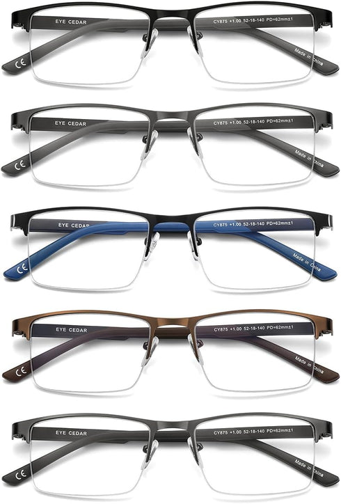 EYECEDAR Blue Light Blocking Reading Glasses for Men, Metal Half Frame, Anti-Glare, 5 Pack, 1.75 Readers