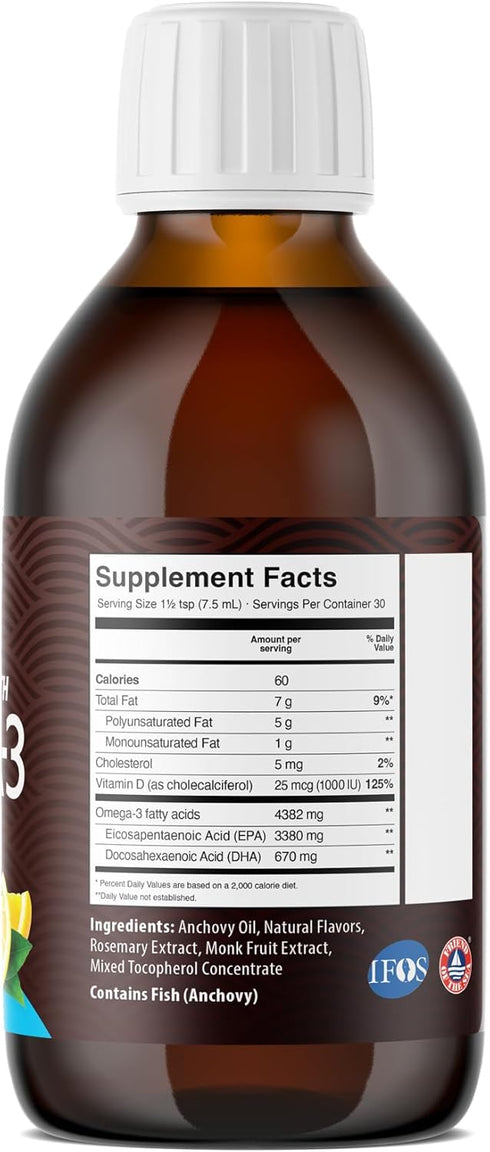 5X Ultimate Strength High EPA Omega-3 Liquid with DHA and Vitamin D - Wild Caught Fish Oil Supplements, 7.60 Fl Oz Lemon