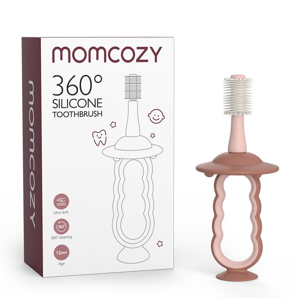 Momcozy Baby Toothbrush - 360° Ultrasoft Toothbrush for Infant | Suction Base, Baby Oral Cleaner, Pink