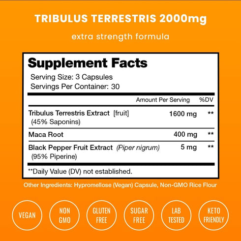 NutraChamps Tribulus Terrestris Supplement for Men, 2000mg Energy Booster, 90 Vegan Capsules, Extra Strength Saponins