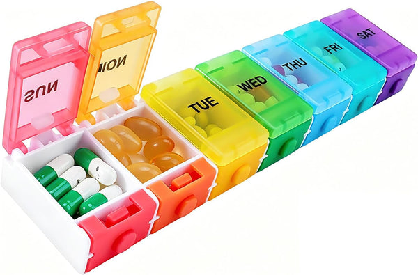 zeeho Rainbow Large Weekly Pill Organizer Push Button,7 Day Pill Box Cute BPA-Free