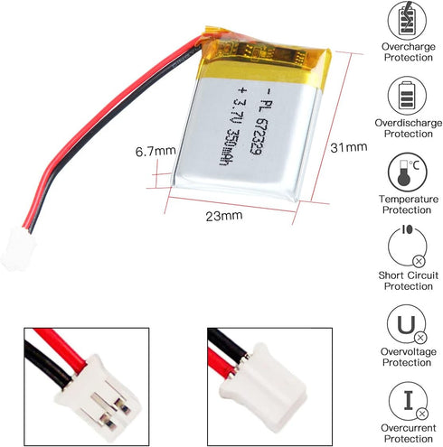 3.7V 350mAh Battery 672329 Lithium Polymer Ion Rechargeable Li-ion Li-Po Battery with 2P PH 2.0mm Pitch Connector