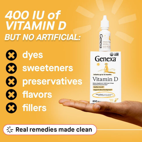 Genexa Infants Vitamin D Liquid Drops for Newborn, Baby & Toddler | Supports Growth & Bone Development | Delicious Organic Vanilla Flavor | Certified Organic, Gluten Free, & Non-GMO | 90 Servings