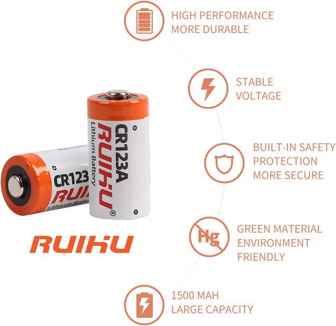 CR123A Lithium Battery, 10 Pack 3V 1500mAh Lithium Manganese Dioxide (Li-MnO2) for Flashlight Alarm Sensors