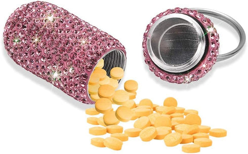 Portable Waterproof Pill Case Holder with Keychain, Bling Pill Box for Outdoor Camping Travel, Pink