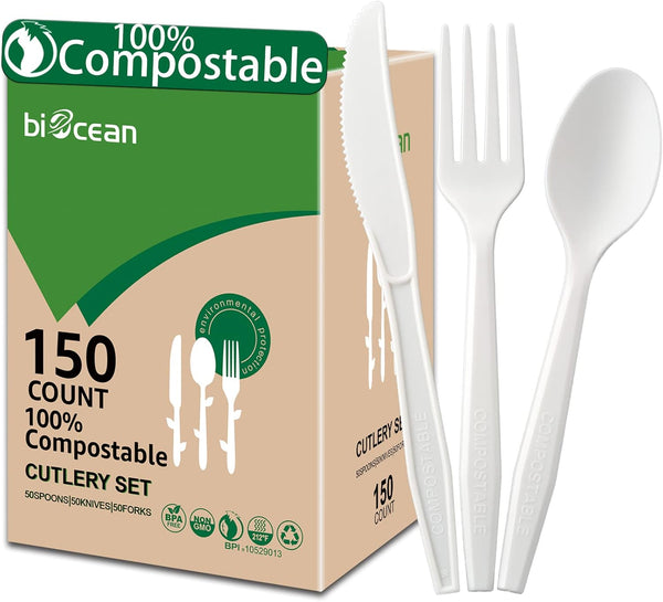 100% Compostable Heavyweight No Plastic Utensils, Eco-Friendly Forks, Knives, Spoons for Parties, Weddings, BBQ