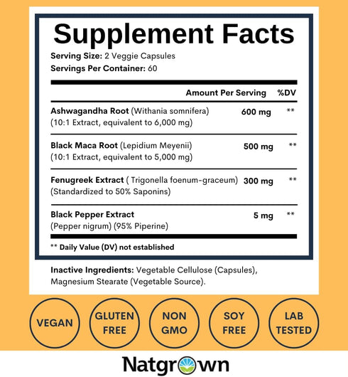 Natgrown Ashwagandha Maca Root Fenugreek Extract Capsules for Men & Women - 120 Vegan Pills
