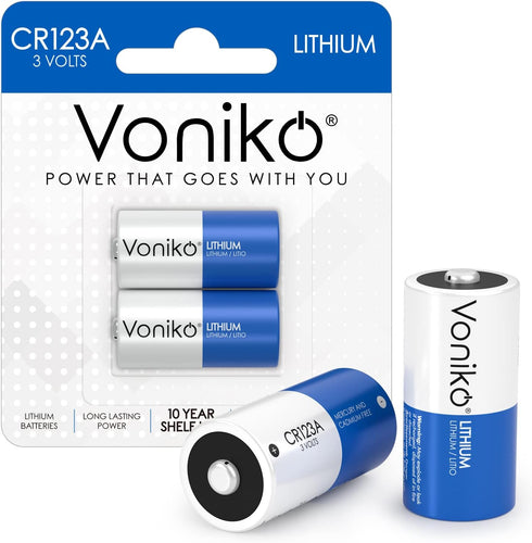 Voniko CR123A Lithium Batteries, 2-Pack, Photo Non-Rechargeable, 3 Volt, 10 Years Shelf Life
