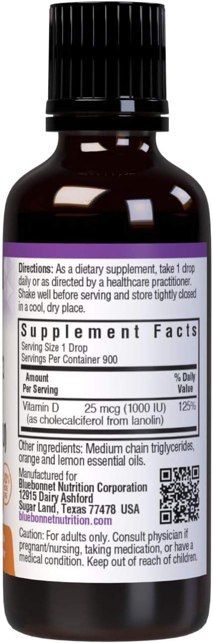 BlueBonnet Vitamin D3 1000 IU, 25mcg Liquid Supplement for Strong Bones & Immune Support, 1 Fl Oz
