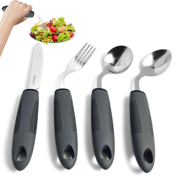 SINHJX 4 Pcs Adaptive Utensils for Elderly, 45 Angled Built Up Handle Utensils