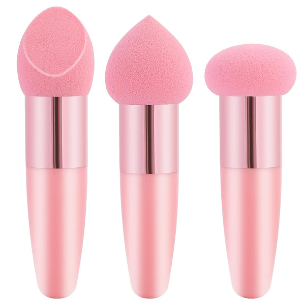3 Pcs Makeup Foundation Sponge, Pink Beauty Blender Sponge Cosmetic Powder Puff with Handle Applicator