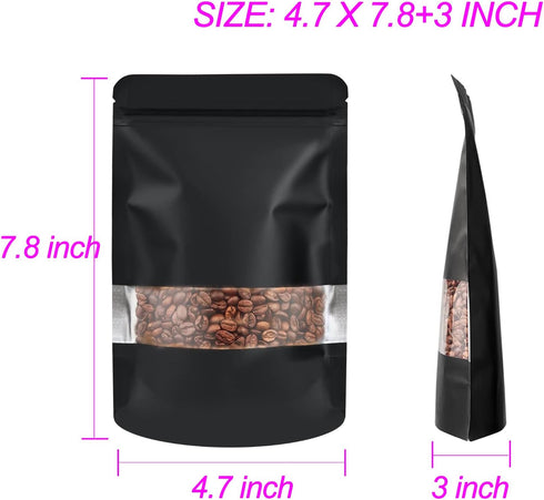100 Pack Smell Proof Bags, Resealable Mylar Food Storage Bags with Clear Window, Stand Up Self Seal Foil Pouches, Black