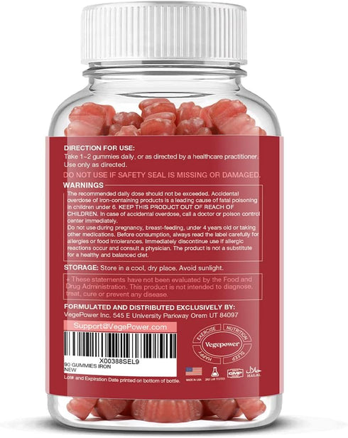 Vegan Iron Gummies Supplement with Vitamin C, A, B-Complex, Folate, Zinc for Adults & Kids - Peach Flavor (90 Ct)