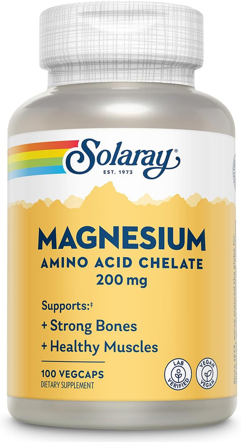 Solaray Magnesium Amino Acid Chelate 200 mg, Vegan Chelated Magnesium Supplement for Bone, Heart, Muscle Support, 100