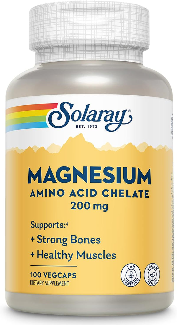 Solaray Magnesium Amino Acid Chelate 200 mg, Vegan Chelated Magnesium Supplement for Bone, Heart, Muscle Support, 100