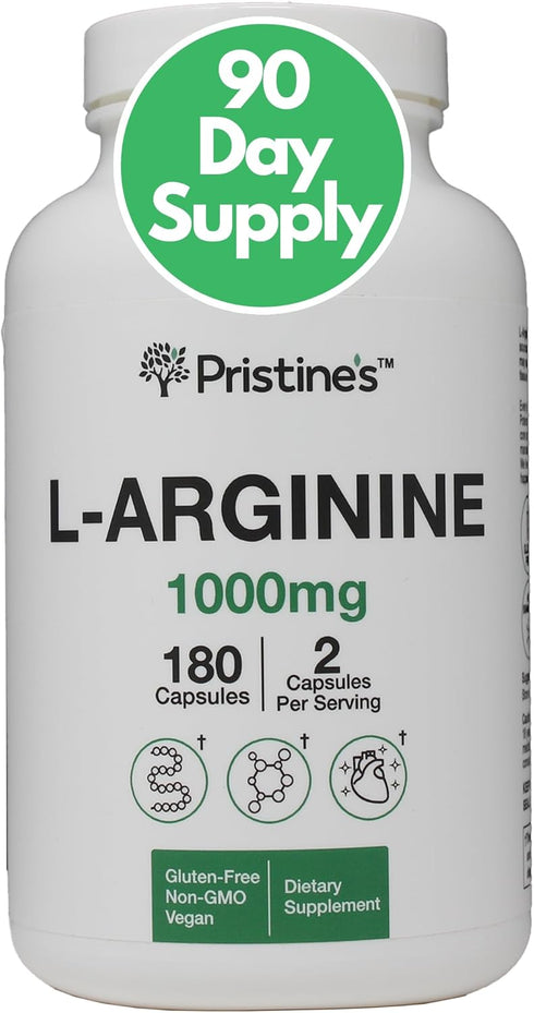 PRISTINE'S L Arginine 1000mg Nitric Oxide Blood Flow Supplement Capsules - 90 Day Supply for Energy & Endurance