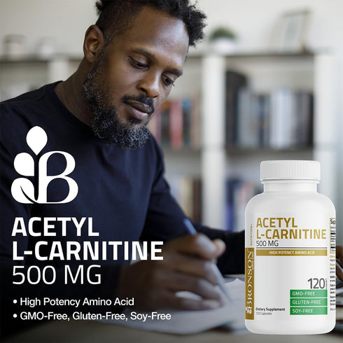 Bronson Acetyl L-Carnitine 500 MG, High Potency Amino Acid, Non-GMO, 120 Capsules
