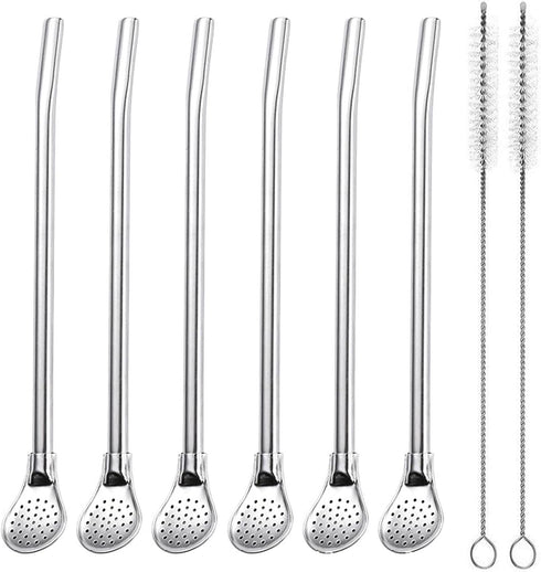 Reusable Stainless Steel Drinking Straws with Filter Spoon, 6 Pieces Yerba Mate Tea Bombilla Straws, 7.1inch