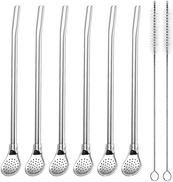 Reusable Stainless Steel Drinking Straws with Filter Spoon, 6 Pieces Yerba Mate Tea Bombilla Straws, 7.1inch