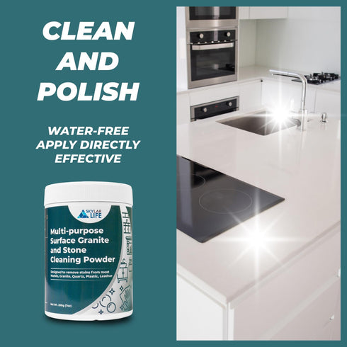 Skylarlife Multi-purpose Surface Stone Cleaning Powder (200g) to remove rust stain, yellowing, oil stains, from most marble, granite, quartz, concrete, countertop and other non-porous surface, remove adhesive spots and stains from boat and plastic and lea