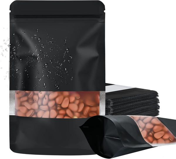 100 Pack Smell Proof Bags, Resealable Mylar Food Storage Bags with Clear Window, Stand Up Self Seal Foil Pouches, Black