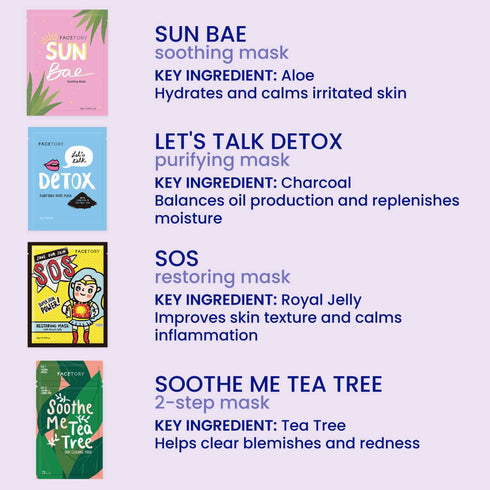 FACETORY Best of Seven Facial Masks Collection - Hydrate, Revitalize, Nourish, Purify Skin, Variety Pack of 7 Sheet