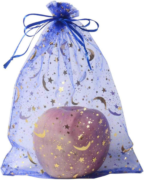 SUNGULF 100Pcs Blue Sheer Organza Drawstring Pouches with Stars and Moon for Wedding Party Favor Bags