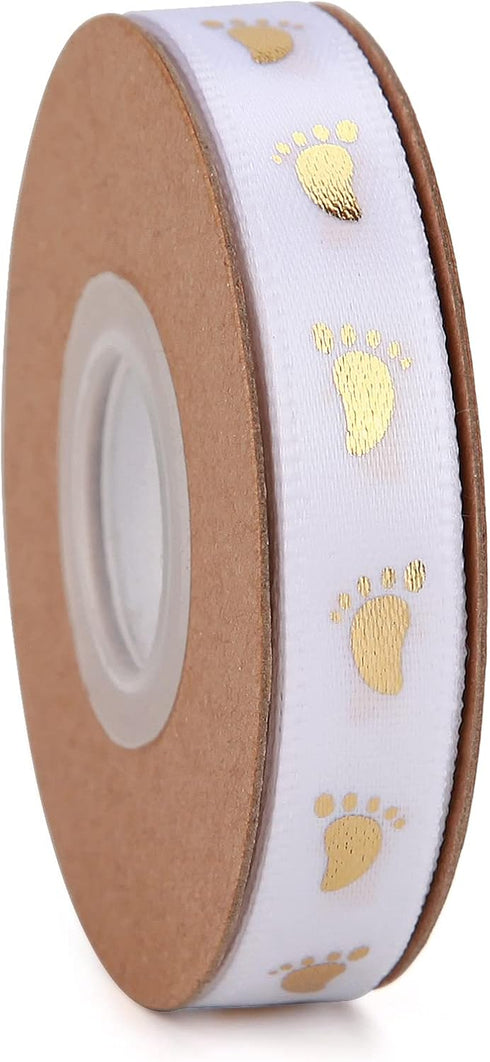 40 Yards White and Gold Baby Shower Ribbon Welcome Baby Foot Print Ribbons for Crafts, Gift Wrapping, Party Decoration