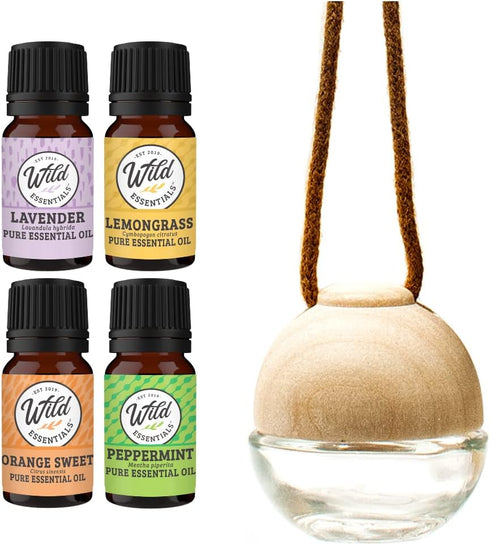 Wild Essentials Glass & Wood Hanging Aromatherapy Diffuser Starter Kit | Includes 4 Pure Essential Oils