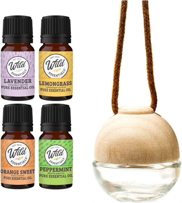 Wild Essentials Glass & Wood Hanging Aromatherapy Diffuser Starter Kit | Includes 4 Pure Essential Oils