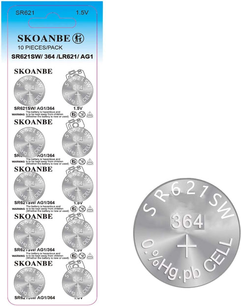 SKOANBE 10PCS LR621 AG1 SR621SW 364 LR60 164 1.5V Watch Battery
