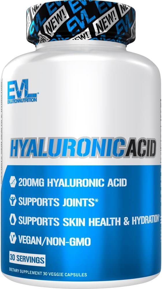 Evlution Vegan Hyaluronic Acid Supplement 200mg Capsules, Dry Skin Support for Women and Men, Non-GMO