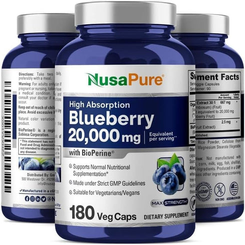 NusaPure Blueberry Concentrate 20,000mg - 180 Veggie Powder Caps, 100% Vegetarian, Non-GMO