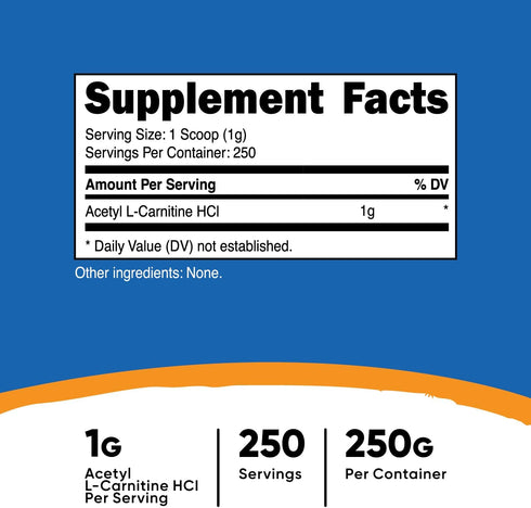 Nutricost Acetyl L-Carnitine (ALCAR) 250 Grams Powder - 1G Per Serving, 250 Servings