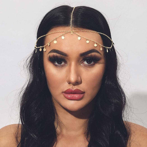 Yean Gold Sequins Head Chain, Boho Festival Forehead Hair Jewelry for Women and Girls, Halloween Costume Headpiece