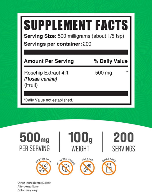 BulkSupplements.com Rosehip Extract Powder - Rose Hips Supplement, Rosehip Powder - Herbal Supplement, Antioxidants Source - Gluten Free, 500mg per Serving, 100g (3.5 oz) (Pack of 1)