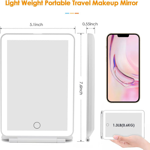 Rechargeable Travel Makeup Mirror, 72 LED Lighted Compact Slim Vanity Mirror with 3 Dimmable Lighting Modes